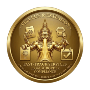 SiamConsult Visa Run and Extension icon featuring a gold Thai deity holding passports and a calendar for fast-track legal border compliance and visa extension services in Krabi and Phuket.