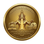 SiamConsult LTR Visa icon featuring a gold Thai deity, investment gold bars, and medical MRI icons for 10-year Thailand Long-Term Resident visa services in Krabi.