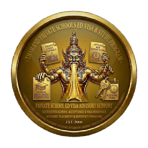 Gold 3D seal for Thailand Education (ED) Visa services for private schools by Siam Consult, featuring a traditional Thai deity holding an official school enrollment letter and a Ministry of Education (MOE) certification document. Text includes 'Education Visa & Study Program', 'MOE Acceptance & Visa Renewals', and 'Est. 2009' on a transparent background.
