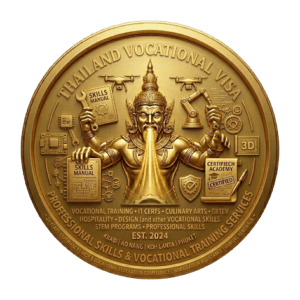 Gold 3D seal for Thailand Vocational Visa services by Siam Consult, featuring a traditional Thai deity holding a skills manual and a certified academy certificate, surrounded by technical and culinary icons. Text includes 'Thailand Vocational Visa', 'Professional Skills & Vocational Training Services', and 'Est. 2024' on a transparent background.