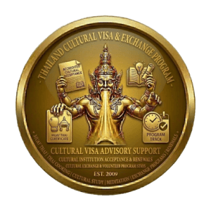Gold 3D seal for Thailand Cultural Visa and Exchange Program services by Siam Consult, featuring a traditional Thai deity holding an accredited cultural acceptance letter and a Muay Thai certificate with icons for meditation and study. Text includes 'Cultural Visa Advisory Support', 'Program Track', and 'Est. 2009' on a transparent background.