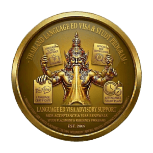 Gold 3D seal for Thailand Language ED Visa and Study Program by Siam Consult, featuring a traditional Thai deity holding a language school acceptance letter and an official MOE certification with a language certificate icon. Text includes 'Language ED Visa Advisory Support', 'Attendance Study Plan', and 'Est. 2009' on a transparent background.