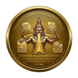 Gold 3D seal for Thailand Internship Visa & Placement Program by Siam Consult, featuring a traditional Thai deity holding an official internship offer and a host company acceptance letter, with icons for professional certificates and an internship logbook. Text includes 'Internship Visa Advisory Support', 'Host Company Acceptance & Visa Renewals', and 'Est. 2009' on a transparent background.