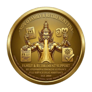3D gold circular seal for SiamConsult Non-O Family and Retirement Visa services, featuring a traditional Thai deity holding relationship and retirement proof documents. Text includes 'Family & Retirement Support' and 'Est. 2009' on a transparent background.