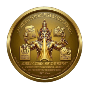Gold 3D seal for Thailand Private Schools ED Visa & Study Program by Siam Consult, featuring a traditional Thai deity holding a private school acceptance letter and an official MOE certification with a formal education certificate icon. Text includes 'Private School ED Visa Advisory Support', 'Academic Plan', and 'Est. 2009' on a transparent background.