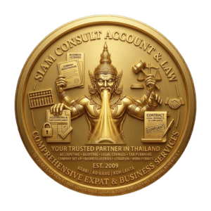 Gold 3D corporate seal for Siam Consult Account & Law Co., Ltd., featuring a traditional Thai deity with symbols for accounting, legal counsel, and business licensing. Text includes 'Your Trusted Partner in Thailand' and 'Est. 2009' on a transparent background.