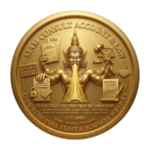 Gold 3D corporate seal for Siam Consult Account & Law Co., Ltd., featuring a traditional Thai deity with symbols for accounting, legal counsel, and business licensing. Text includes 'Your Trusted Partner in Thailand' and 'Est. 2009' on a transparent background.