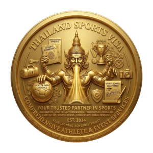 Gold 3D seal for Thailand Cultural Visa and Exchange Program services by Siam Consult, featuring a traditional Thai deity holding an accredited cultural acceptance letter and a Muay Thai certificate with icons for meditation and study. Text includes 'Cultural Visa Advisory Support', 'Program Track', and 'Est. 2009' on a transparent background.