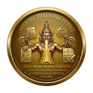 Gold seal for Siam Consult Work Permit services, featuring a traditional Thai deity holding work permit and tax compliance documents, established 2009. Legal advisory for employee onboarding and annual renewals in Thailand.