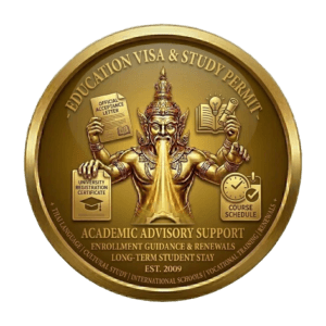 Gold 3D seal for Thailand Education (ED) Visa services by Siam Consult, featuring a traditional Thai deity holding an official enrollment letter and Ministry of Education (MOE) certification. Text includes 'Education Visa & Study Program', 'MOE Acceptance & Visa Renewals', and 'Est. 2009' on a transparent background.