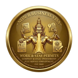 Gold seal for SiamConsults Non-B Business Visa and Work Permit services in Thailand, featuring a traditional Thai deity figure holding work permit documents and company legal icons, established 2009.